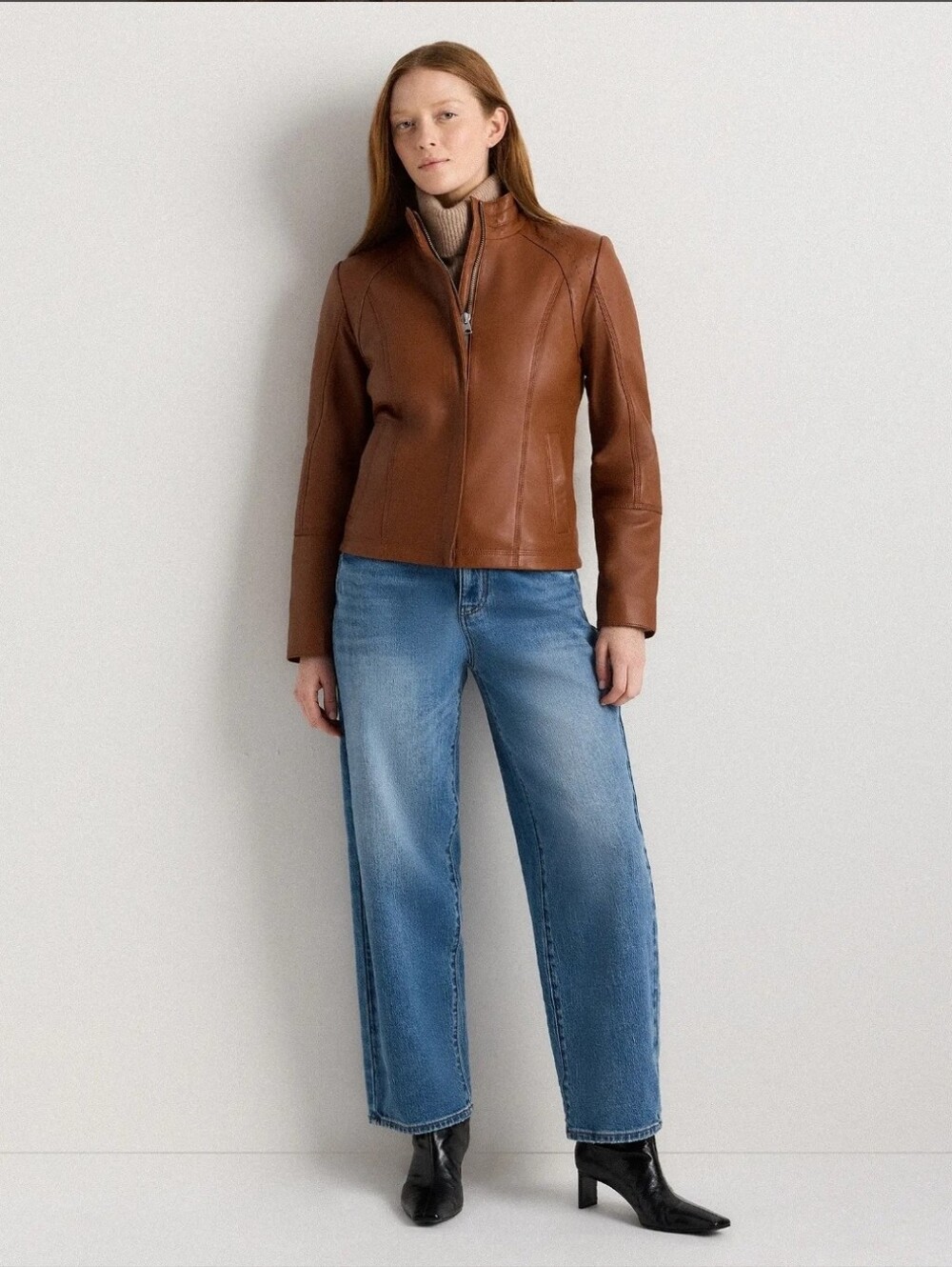 NWT! Quince 100% Leather Cognic Stand Collard Jacket! Woman's Sz. M! (E26) - Picture 6 of 14